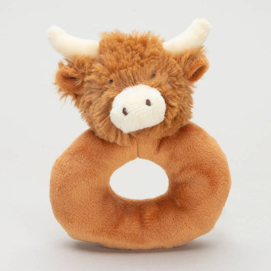 Highland Cow Baby Plush Soft Toy Rattle Brown - 10cm